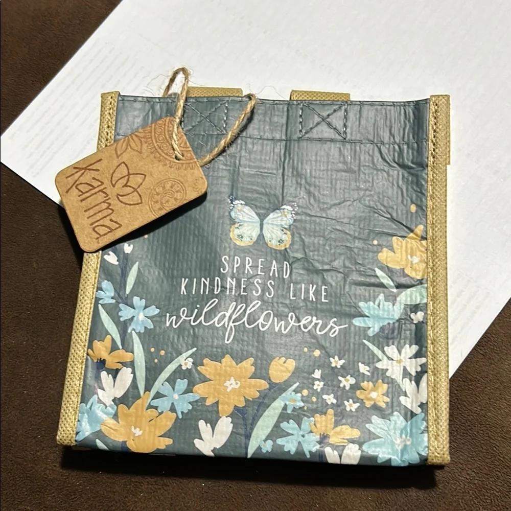 🩶5/$30 Karma Floral & Butterfly Blue & Yellow Small Reusable Gift Tote Bag NEW